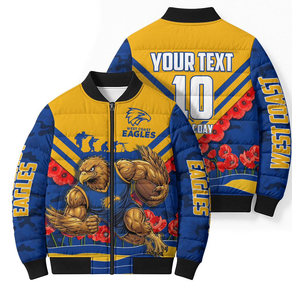 Personalised West Coast Eagles ANZAC Bomber Puffer Jacket Military Remembrance Australian Football Mascot Camouflage