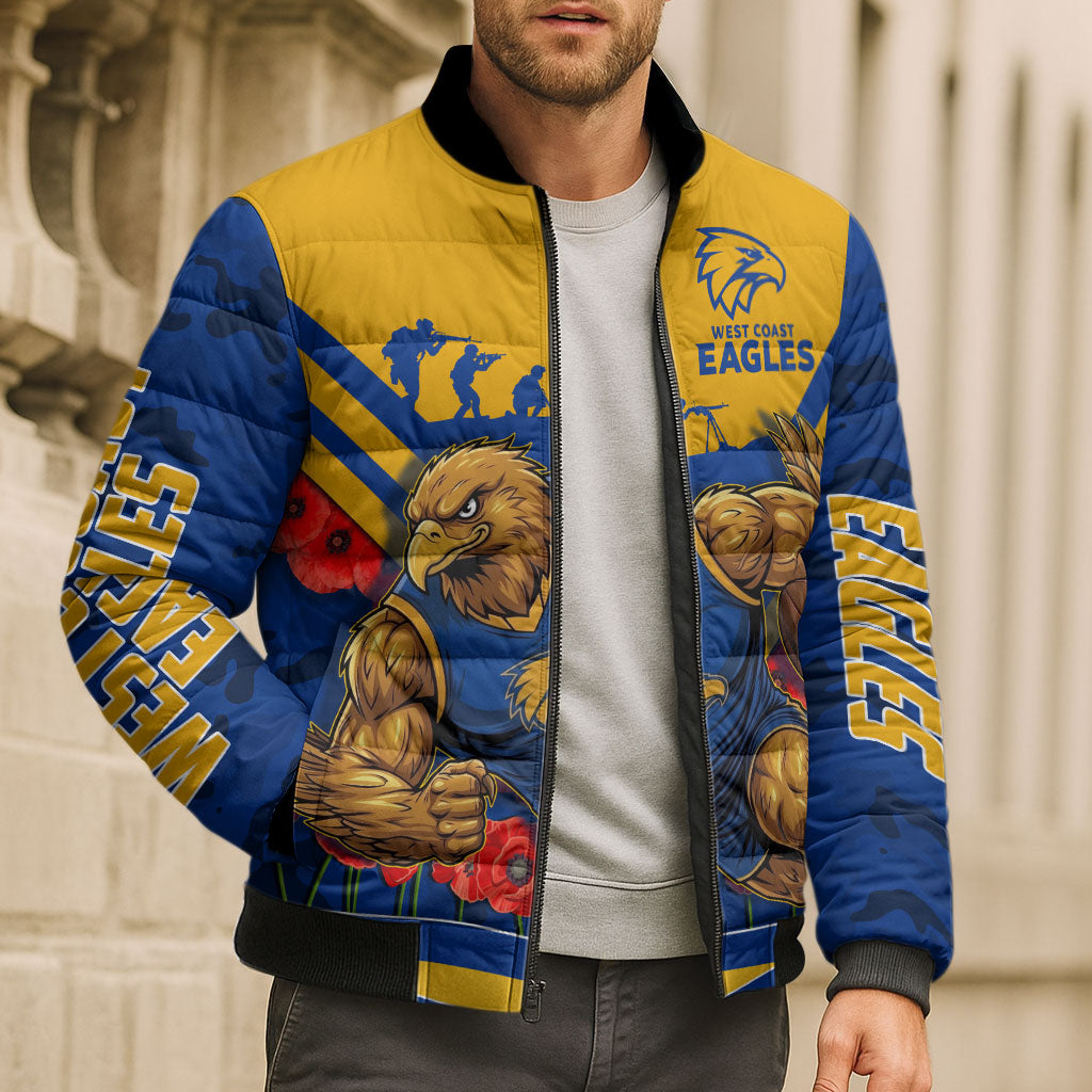 Personalised West Coast Eagles ANZAC Bomber Puffer Jacket Military Remembrance Australian Football Mascot Camouflage