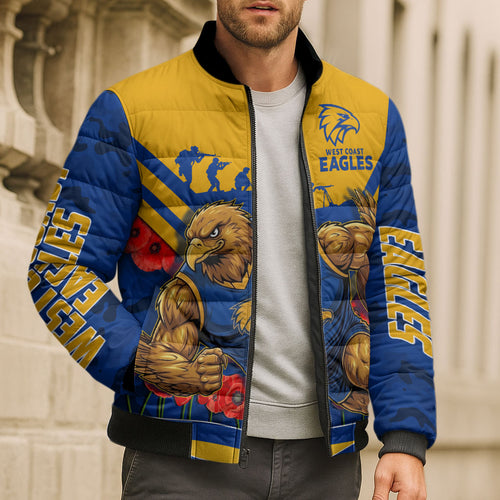 Personalised West Coast Eagles ANZAC Bomber Puffer Jacket Military Remembrance Australian Football Mascot Camouflage
