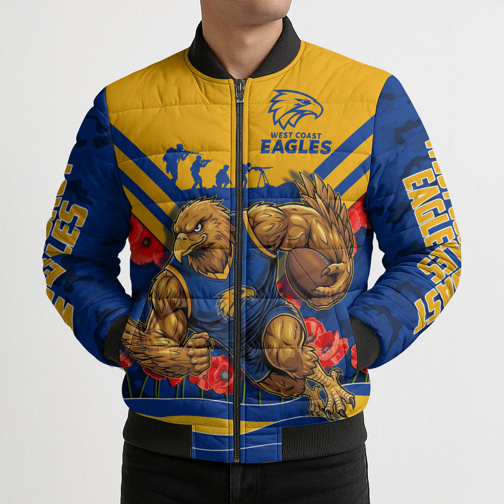 Personalised West Coast Eagles ANZAC Bomber Puffer Jacket Military Remembrance Australian Football Mascot Camouflage