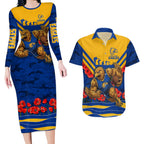 Personalised West Coast Eagles ANZAC Couples Matching Long Sleeve Bodycon Dress and Hawaiian Shirt Military Remembrance Australian Football Mascot Camouflage