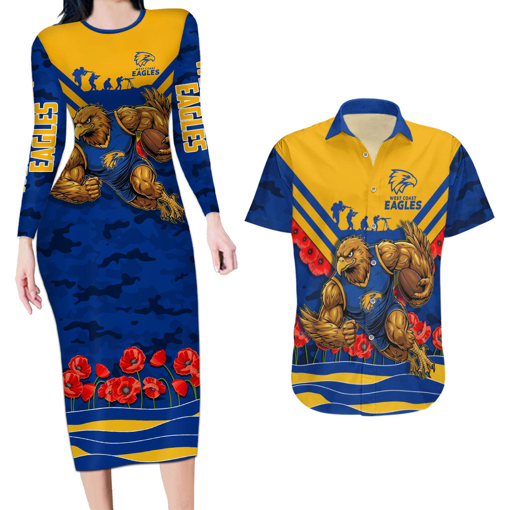 Personalised West Coast Eagles ANZAC Couples Matching Long Sleeve Bodycon Dress and Hawaiian Shirt Military Remembrance Australian Football Mascot Camouflage