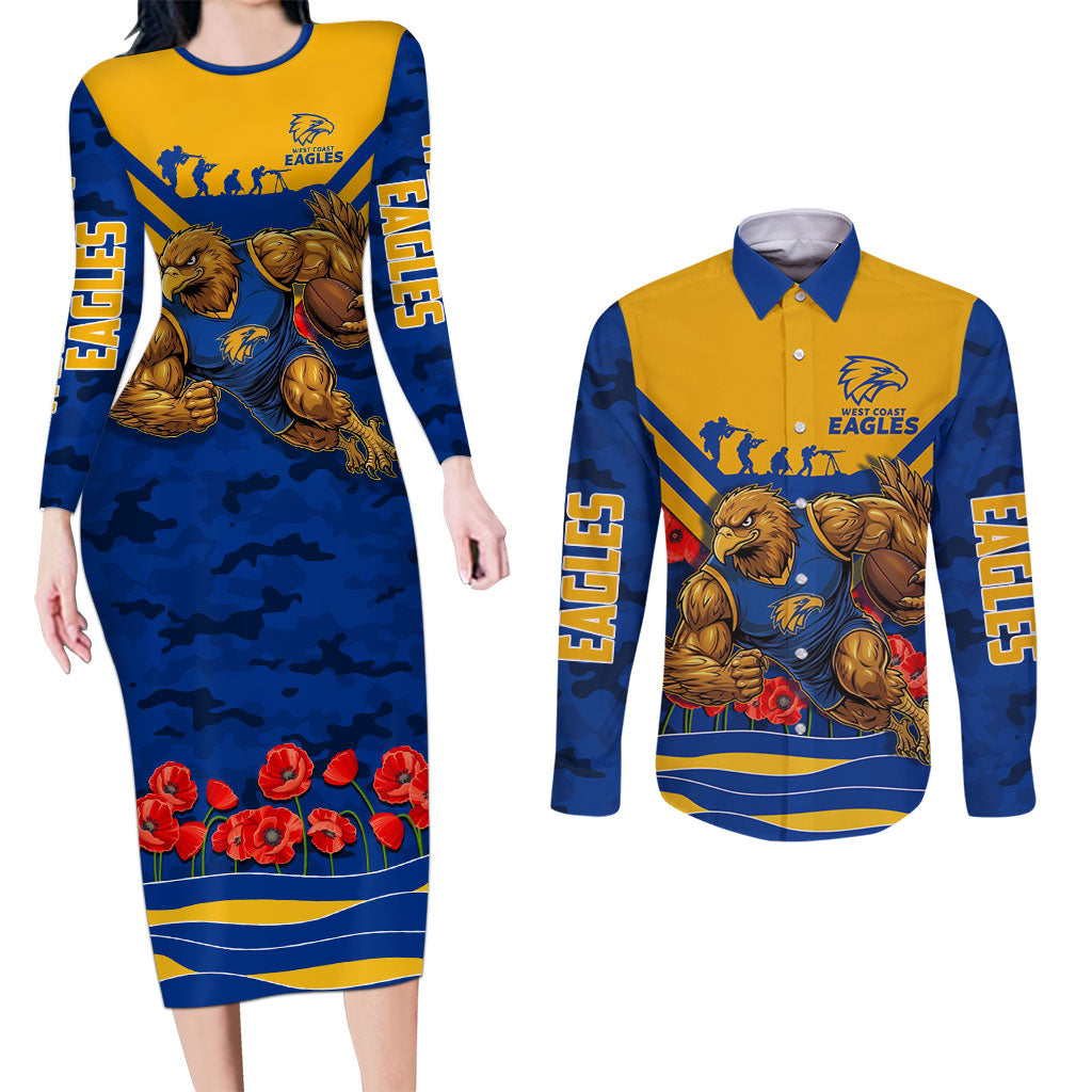 Personalised West Coast Eagles ANZAC Couples Matching Long Sleeve Bodycon Dress and Long Sleeve Button Shirt Military Remembrance Australian Football Mascot Camouflage