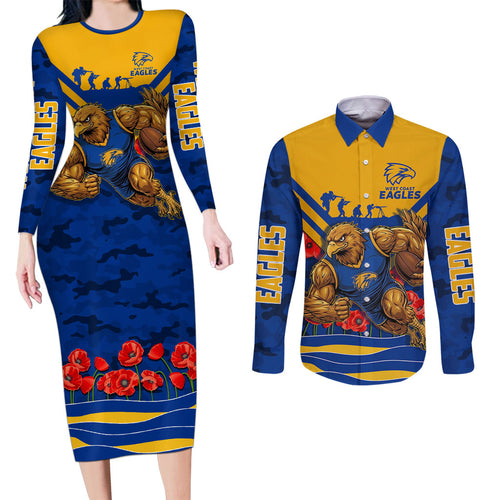 Personalised West Coast Eagles ANZAC Couples Matching Long Sleeve Bodycon Dress and Long Sleeve Button Shirt Military Remembrance Australian Football Mascot Camouflage