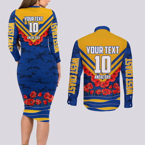 Personalised West Coast Eagles ANZAC Couples Matching Long Sleeve Bodycon Dress and Long Sleeve Button Shirt Military Remembrance Australian Football Mascot Camouflage