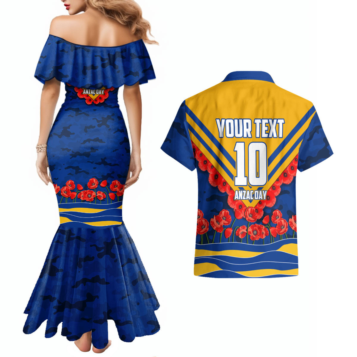 Personalised West Coast Eagles ANZAC Couples Matching Mermaid Dress and Hawaiian Shirt Military Remembrance Australian Football Mascot Camouflage
