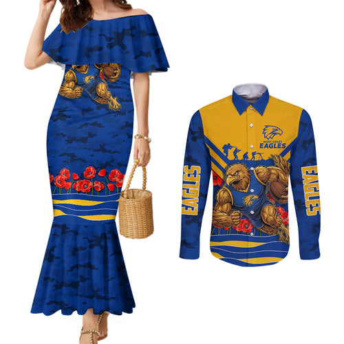 Personalised West Coast Eagles ANZAC Couples Matching Mermaid Dress and Long Sleeve Button Shirt Military Remembrance Australian Football Mascot Camouflage