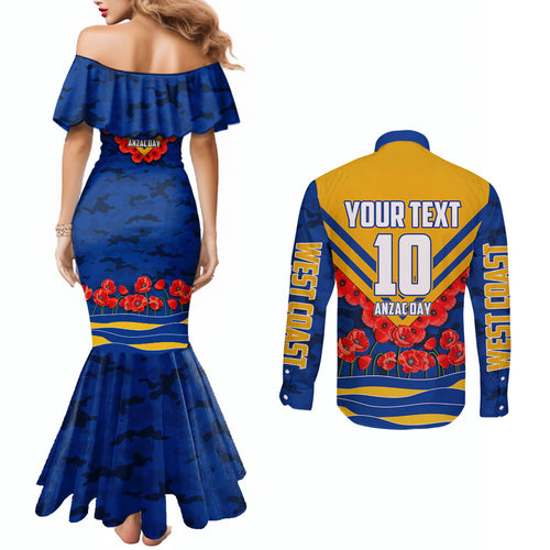 Personalised West Coast Eagles ANZAC Couples Matching Mermaid Dress and Long Sleeve Button Shirt Military Remembrance Australian Football Mascot Camouflage