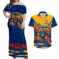 Personalised West Coast Eagles ANZAC Couples Matching Off Shoulder Maxi Dress and Hawaiian Shirt Military Remembrance Australian Football Mascot Camouflage