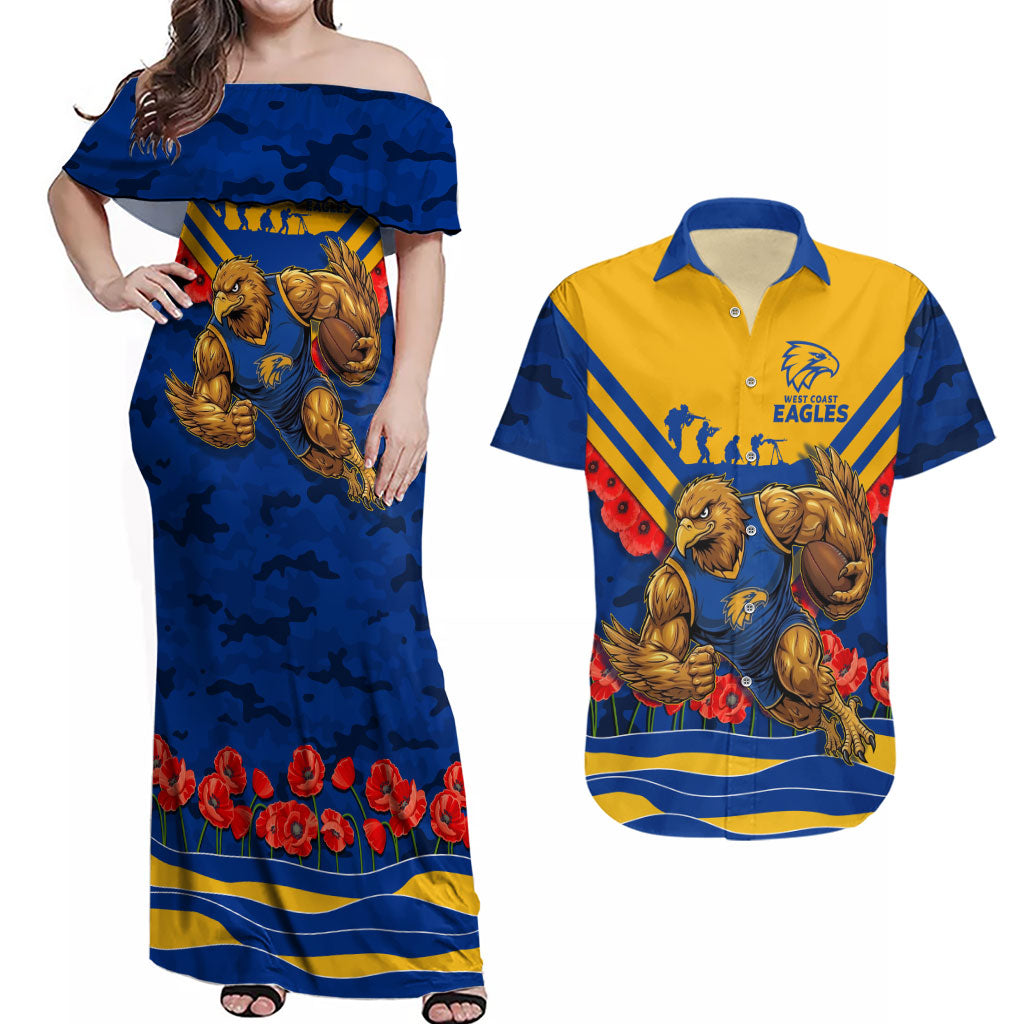Personalised West Coast Eagles ANZAC Couples Matching Off Shoulder Maxi Dress and Hawaiian Shirt Military Remembrance Australian Football Mascot Camouflage
