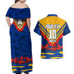 Personalised West Coast Eagles ANZAC Couples Matching Off Shoulder Maxi Dress and Hawaiian Shirt Military Remembrance Australian Football Mascot Camouflage