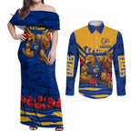 Personalised West Coast Eagles ANZAC Couples Matching Off Shoulder Maxi Dress and Long Sleeve Button Shirt Military Remembrance Australian Football Mascot Camouflage
