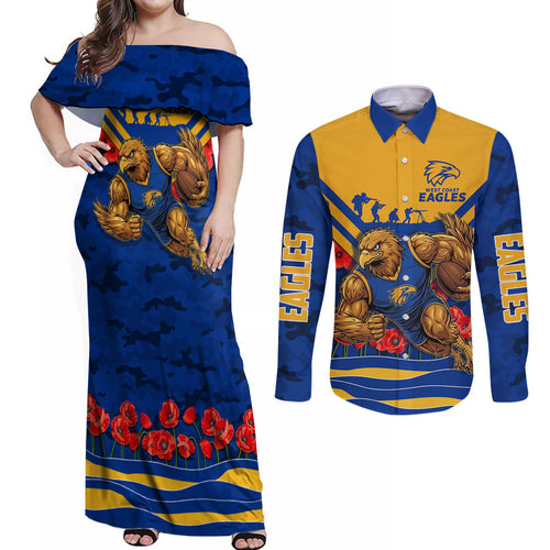 Personalised West Coast Eagles ANZAC Couples Matching Off Shoulder Maxi Dress and Long Sleeve Button Shirt Military Remembrance Australian Football Mascot Camouflage