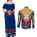Personalised West Coast Eagles ANZAC Couples Matching Off Shoulder Maxi Dress and Long Sleeve Button Shirt Military Remembrance Australian Football Mascot Camouflage