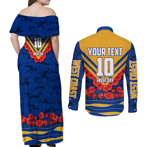 Personalised West Coast Eagles ANZAC Couples Matching Off Shoulder Maxi Dress and Long Sleeve Button Shirt Military Remembrance Australian Football Mascot Camouflage