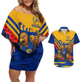 Personalised West Coast Eagles ANZAC Couples Matching Off Shoulder Short Dress and Hawaiian Shirt Military Remembrance Australian Football Mascot Camouflage
