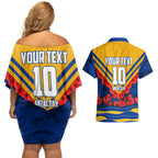 Personalised West Coast Eagles ANZAC Couples Matching Off Shoulder Short Dress and Hawaiian Shirt Military Remembrance Australian Football Mascot Camouflage