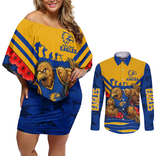 Personalised West Coast Eagles ANZAC Couples Matching Off Shoulder Short Dress and Long Sleeve Button Shirt Military Remembrance Australian Football Mascot Camouflage