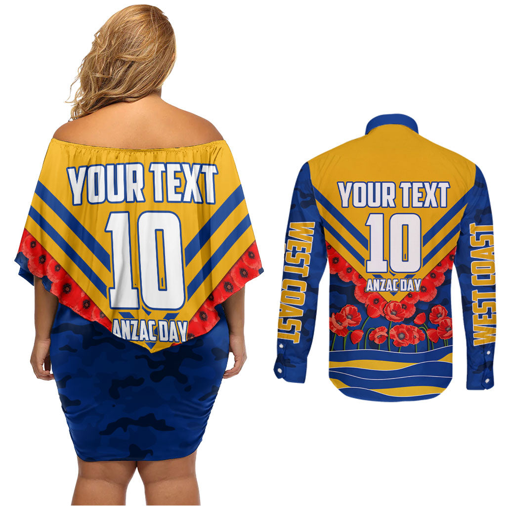 Personalised West Coast Eagles ANZAC Couples Matching Off Shoulder Short Dress and Long Sleeve Button Shirt Military Remembrance Australian Football Mascot Camouflage