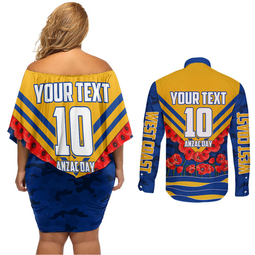 Personalised West Coast Eagles ANZAC Couples Matching Off Shoulder Short Dress and Long Sleeve Button Shirt Military Remembrance Australian Football Mascot Camouflage