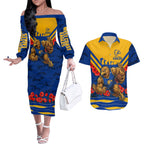 Personalised West Coast Eagles ANZAC Couples Matching Off The Shoulder Long Sleeve Dress and Hawaiian Shirt Military Remembrance Australian Football Mascot Camouflage