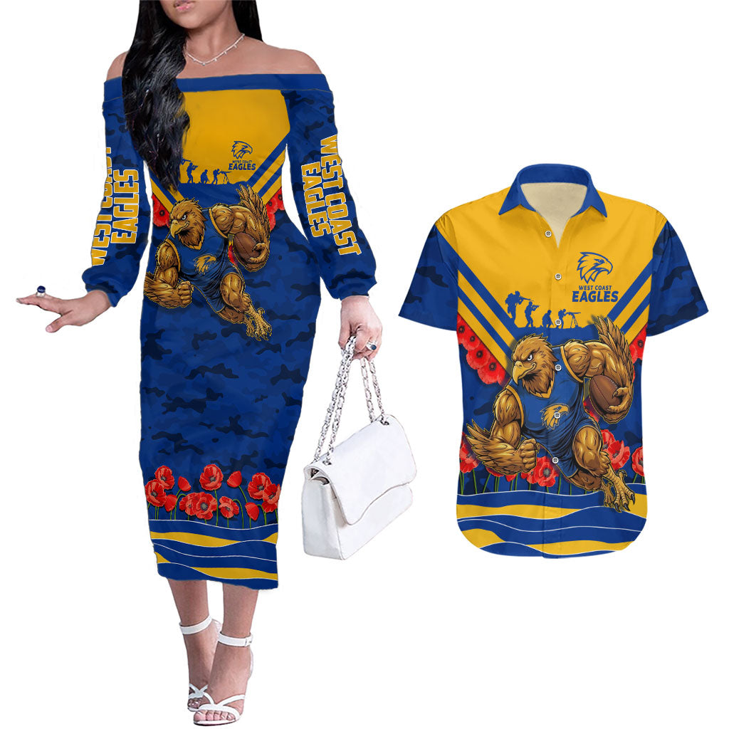 Personalised West Coast Eagles ANZAC Couples Matching Off The Shoulder Long Sleeve Dress and Hawaiian Shirt Military Remembrance Australian Football Mascot Camouflage