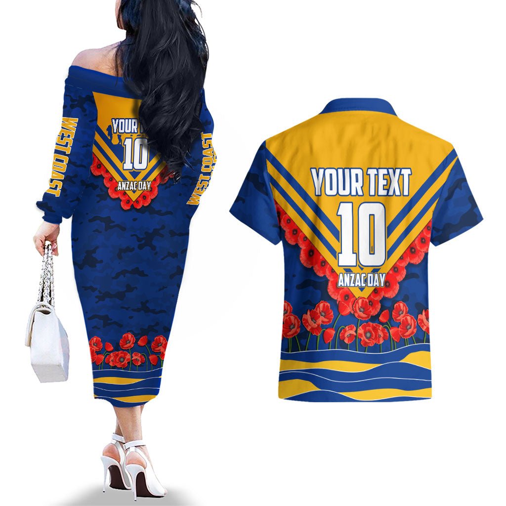 Personalised West Coast Eagles ANZAC Couples Matching Off The Shoulder Long Sleeve Dress and Hawaiian Shirt Military Remembrance Australian Football Mascot Camouflage