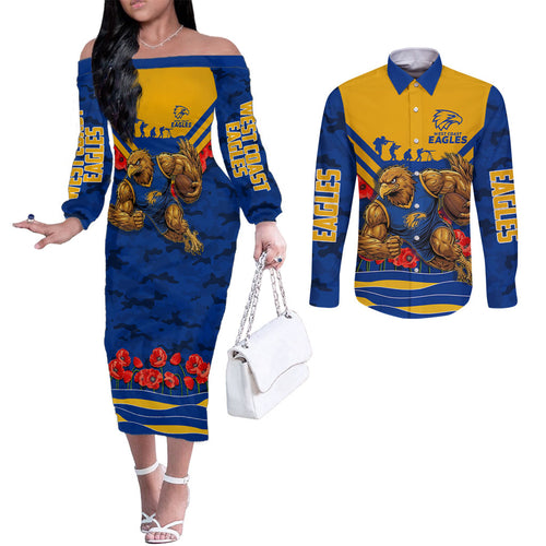 Personalised West Coast Eagles ANZAC Couples Matching Off The Shoulder Long Sleeve Dress and Long Sleeve Button Shirt Military Remembrance Australian Football Mascot Camouflage