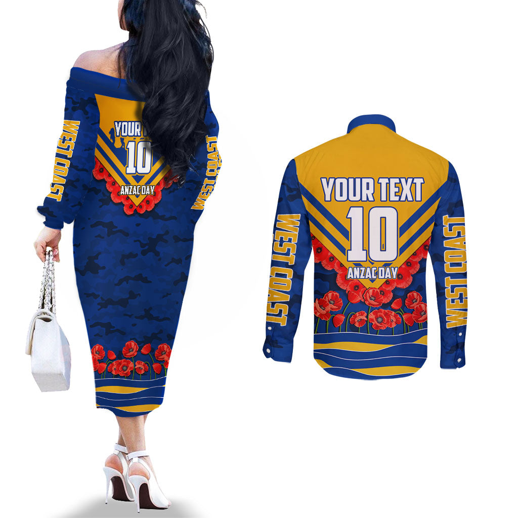 Personalised West Coast Eagles ANZAC Couples Matching Off The Shoulder Long Sleeve Dress and Long Sleeve Button Shirt Military Remembrance Australian Football Mascot Camouflage