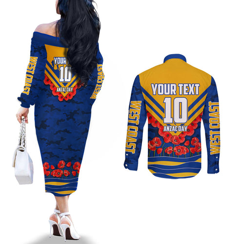Personalised West Coast Eagles ANZAC Couples Matching Off The Shoulder Long Sleeve Dress and Long Sleeve Button Shirt Military Remembrance Australian Football Mascot Camouflage
