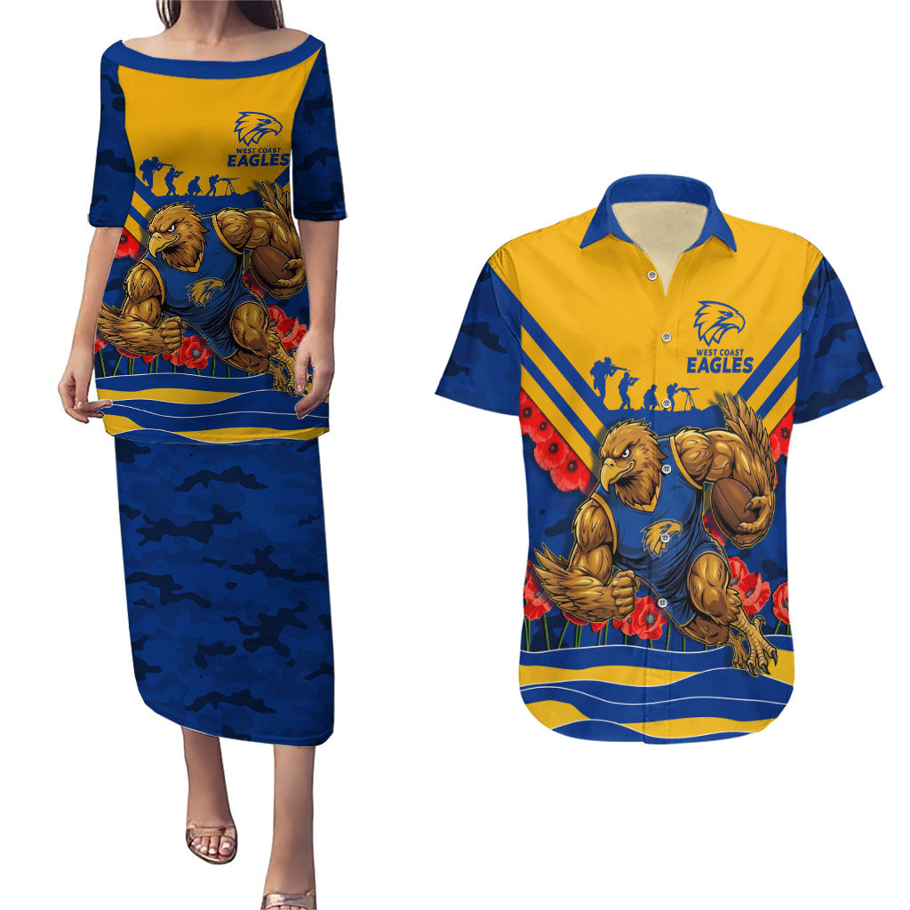 Personalised West Coast Eagles ANZAC Couples Matching Puletasi and Hawaiian Shirt Military Remembrance Australian Football Mascot Camouflage