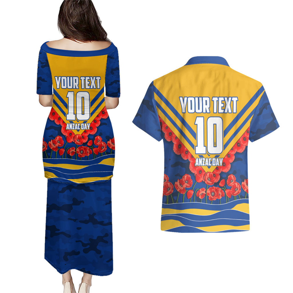 Personalised West Coast Eagles ANZAC Couples Matching Puletasi and Hawaiian Shirt Military Remembrance Australian Football Mascot Camouflage