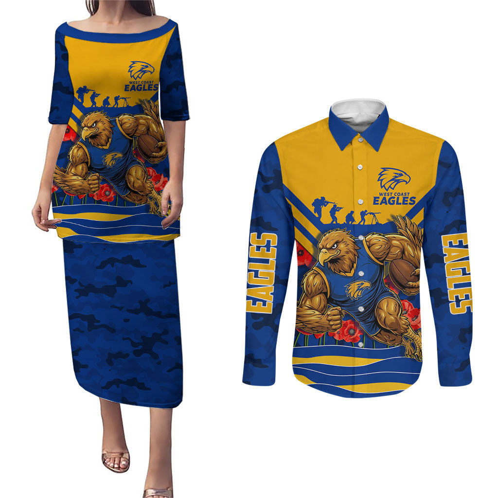 Personalised West Coast Eagles ANZAC Couples Matching Puletasi and Long Sleeve Button Shirt Military Remembrance Australian Football Mascot Camouflage
