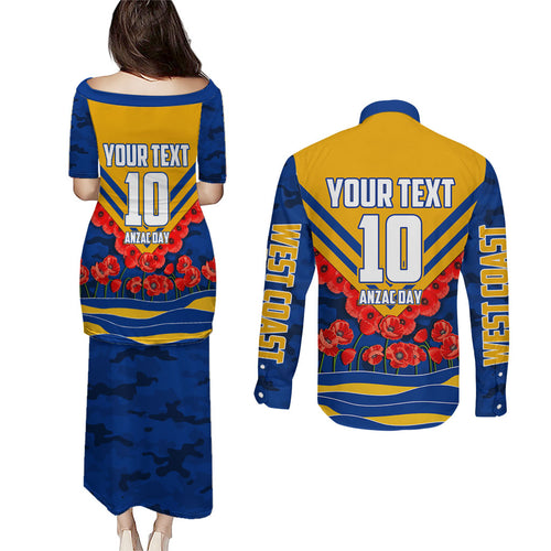 Personalised West Coast Eagles ANZAC Couples Matching Puletasi and Long Sleeve Button Shirt Military Remembrance Australian Football Mascot Camouflage