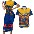Personalised West Coast Eagles ANZAC Couples Matching Short Sleeve Bodycon Dress and Hawaiian Shirt Military Remembrance Australian Football Mascot Camouflage