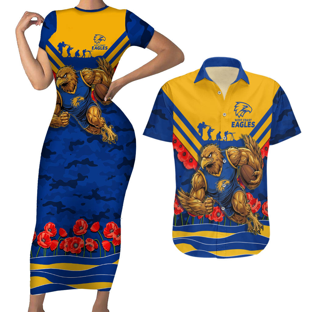 Personalised West Coast Eagles ANZAC Couples Matching Short Sleeve Bodycon Dress and Hawaiian Shirt Military Remembrance Australian Football Mascot Camouflage