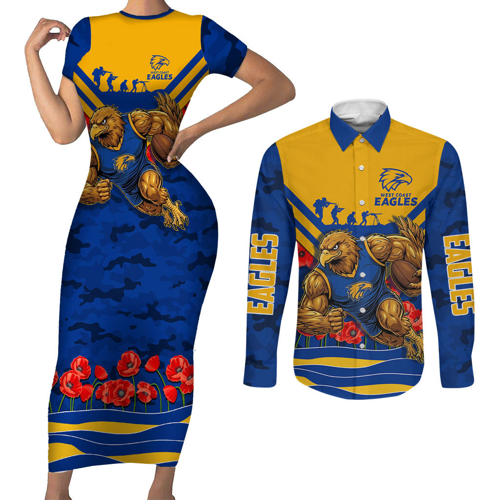 Personalised West Coast Eagles ANZAC Couples Matching Short Sleeve Bodycon Dress and Long Sleeve Button Shirt Military Remembrance Australian Football Mascot Camouflage