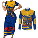 Personalised West Coast Eagles ANZAC Couples Matching Short Sleeve Bodycon Dress and Long Sleeve Button Shirt Military Remembrance Australian Football Mascot Camouflage