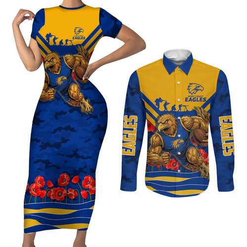 Personalised West Coast Eagles ANZAC Couples Matching Short Sleeve Bodycon Dress and Long Sleeve Button Shirt Military Remembrance Australian Football Mascot Camouflage