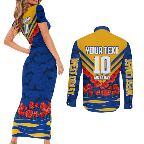 Personalised West Coast Eagles ANZAC Couples Matching Short Sleeve Bodycon Dress and Long Sleeve Button Shirt Military Remembrance Australian Football Mascot Camouflage