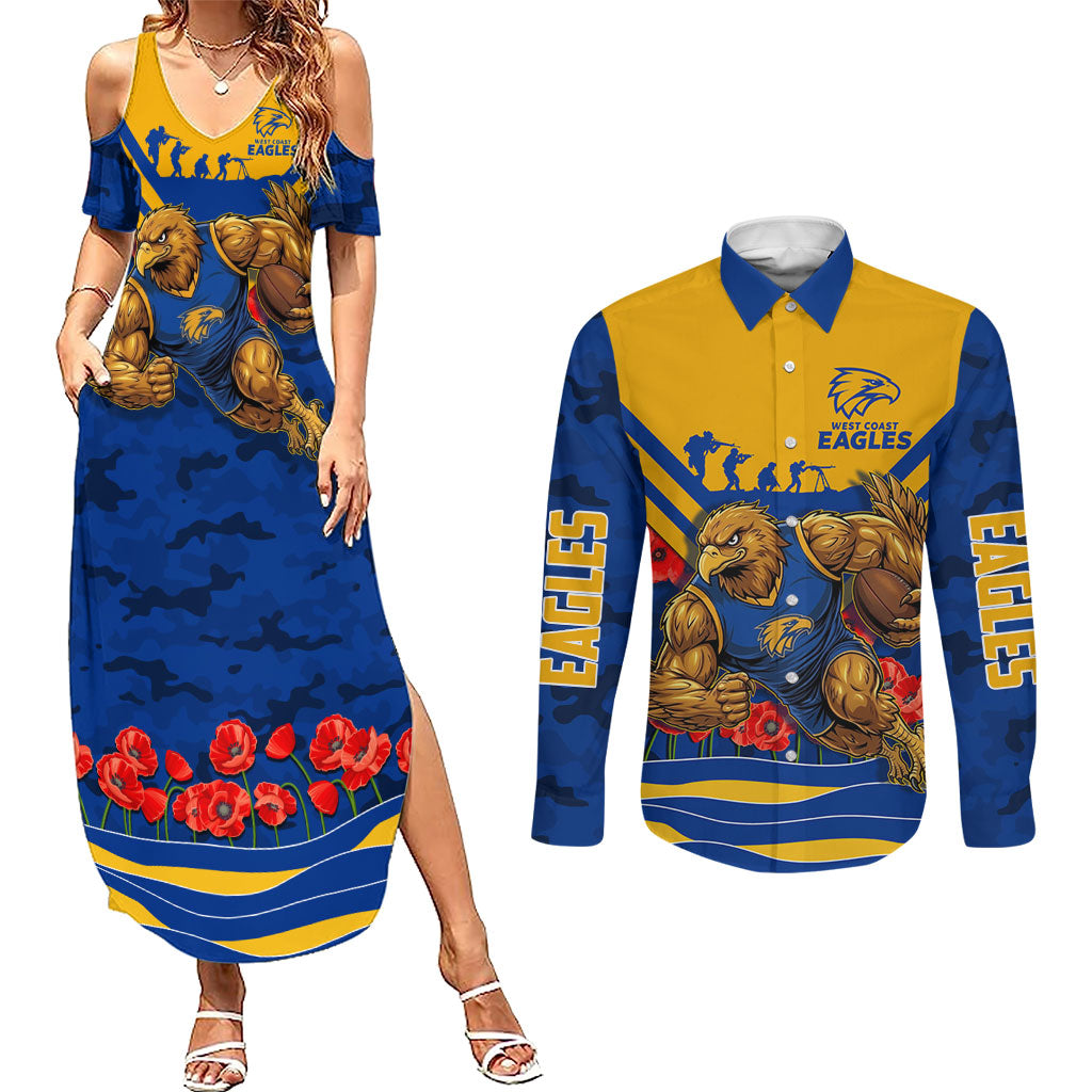 Personalised West Coast Eagles ANZAC Couples Matching Summer Maxi Dress and Long Sleeve Button Shirt Military Remembrance Australian Football Mascot Camouflage