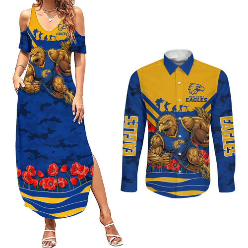 Personalised West Coast Eagles ANZAC Couples Matching Summer Maxi Dress and Long Sleeve Button Shirt Military Remembrance Australian Football Mascot Camouflage