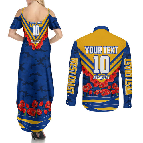 Personalised West Coast Eagles ANZAC Couples Matching Summer Maxi Dress and Long Sleeve Button Shirt Military Remembrance Australian Football Mascot Camouflage