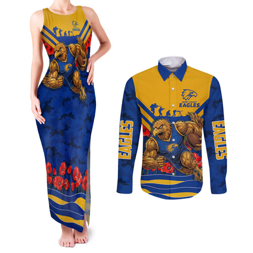 Personalised West Coast Eagles ANZAC Couples Matching Tank Maxi Dress and Long Sleeve Button Shirt Military Remembrance Australian Football Mascot Camouflage