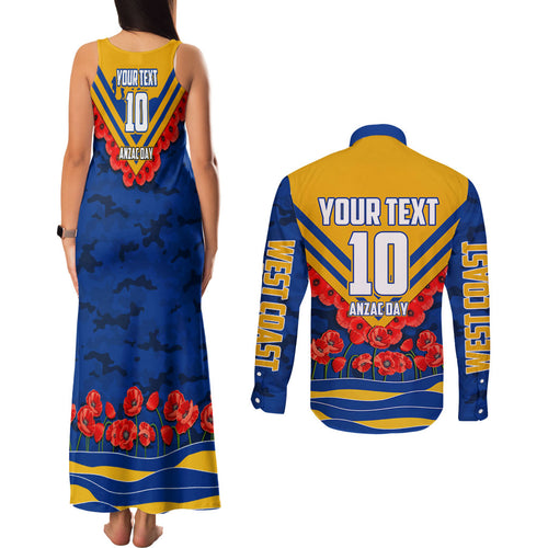 Personalised West Coast Eagles ANZAC Couples Matching Tank Maxi Dress and Long Sleeve Button Shirt Military Remembrance Australian Football Mascot Camouflage