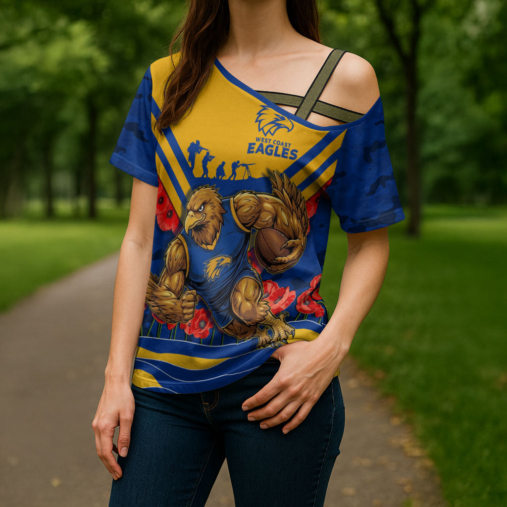 Personalised West Coast Eagles ANZAC Cross Shoulder Shirt Military Remembrance Australian Football Mascot Camouflage