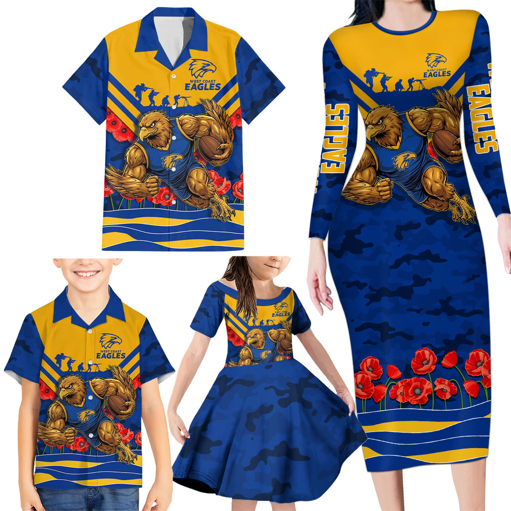 Personalised West Coast Eagles ANZAC Family Matching Long Sleeve Bodycon Dress and Hawaiian Shirt Military Remembrance Australian Football Mascot Camouflage