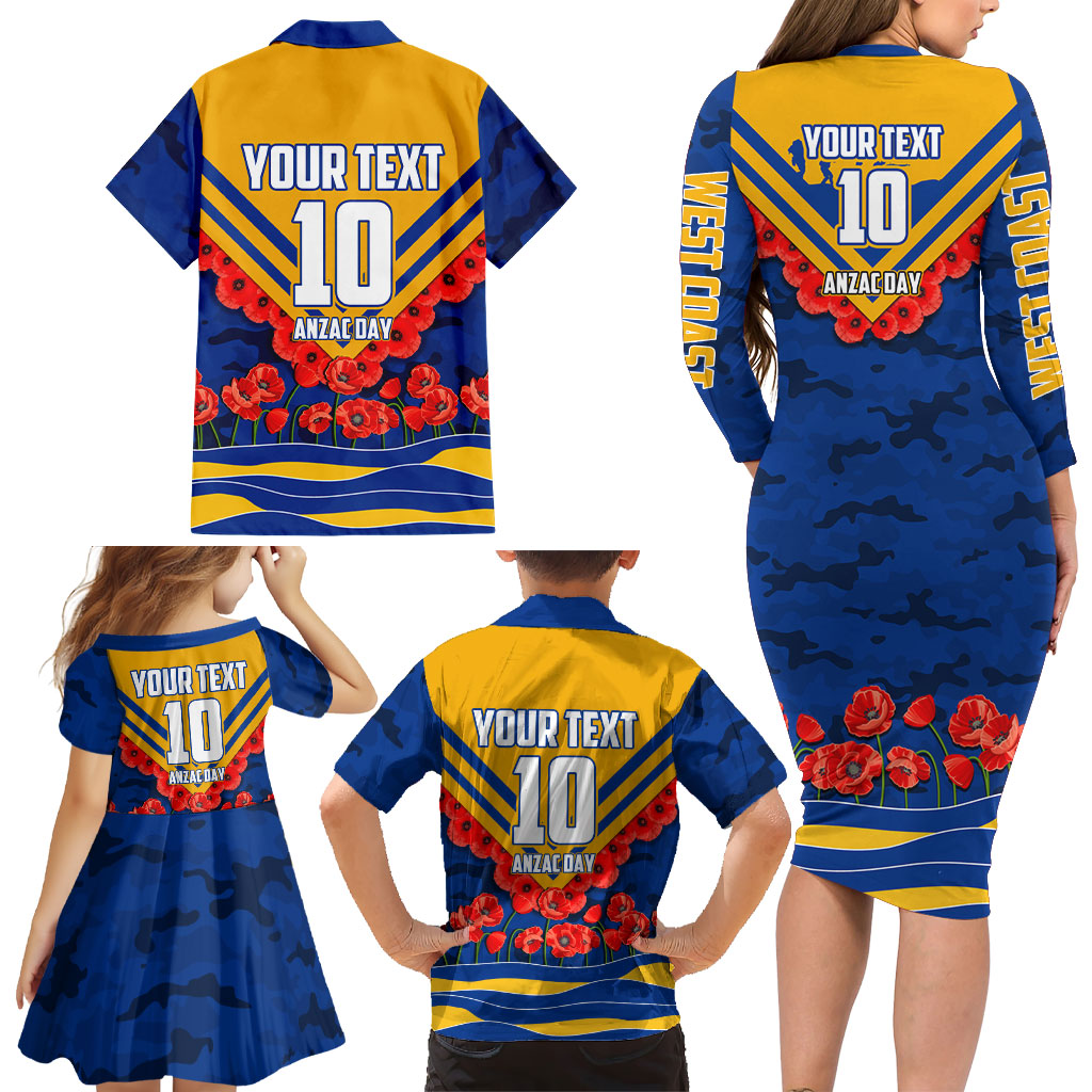 Personalised West Coast Eagles ANZAC Family Matching Long Sleeve Bodycon Dress and Hawaiian Shirt Military Remembrance Australian Football Mascot Camouflage