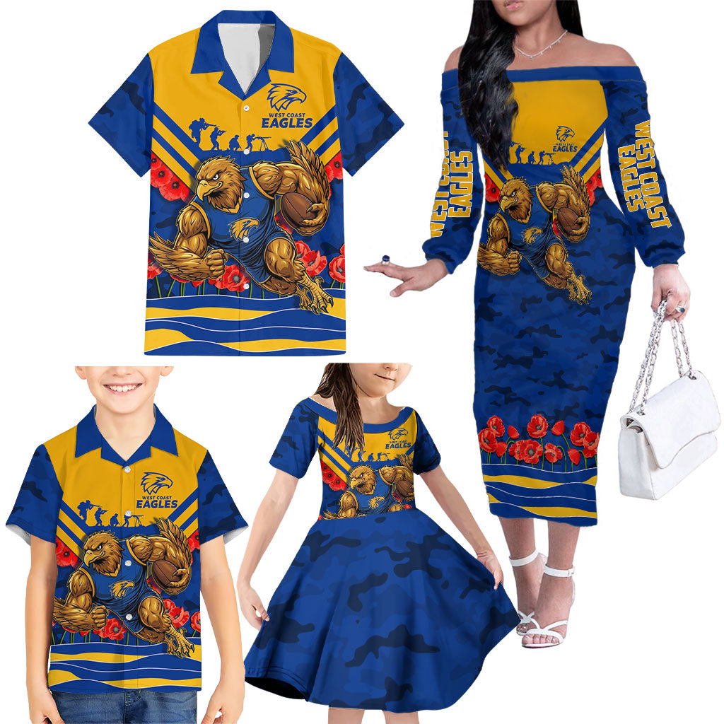 Personalised West Coast Eagles ANZAC Family Matching Off The Shoulder Long Sleeve Dress and Hawaiian Shirt Military Remembrance Australian Football Mascot Camouflage