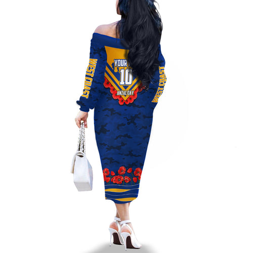 Personalised West Coast Eagles ANZAC Family Matching Off The Shoulder Long Sleeve Dress and Hawaiian Shirt Military Remembrance Australian Football Mascot Camouflage
